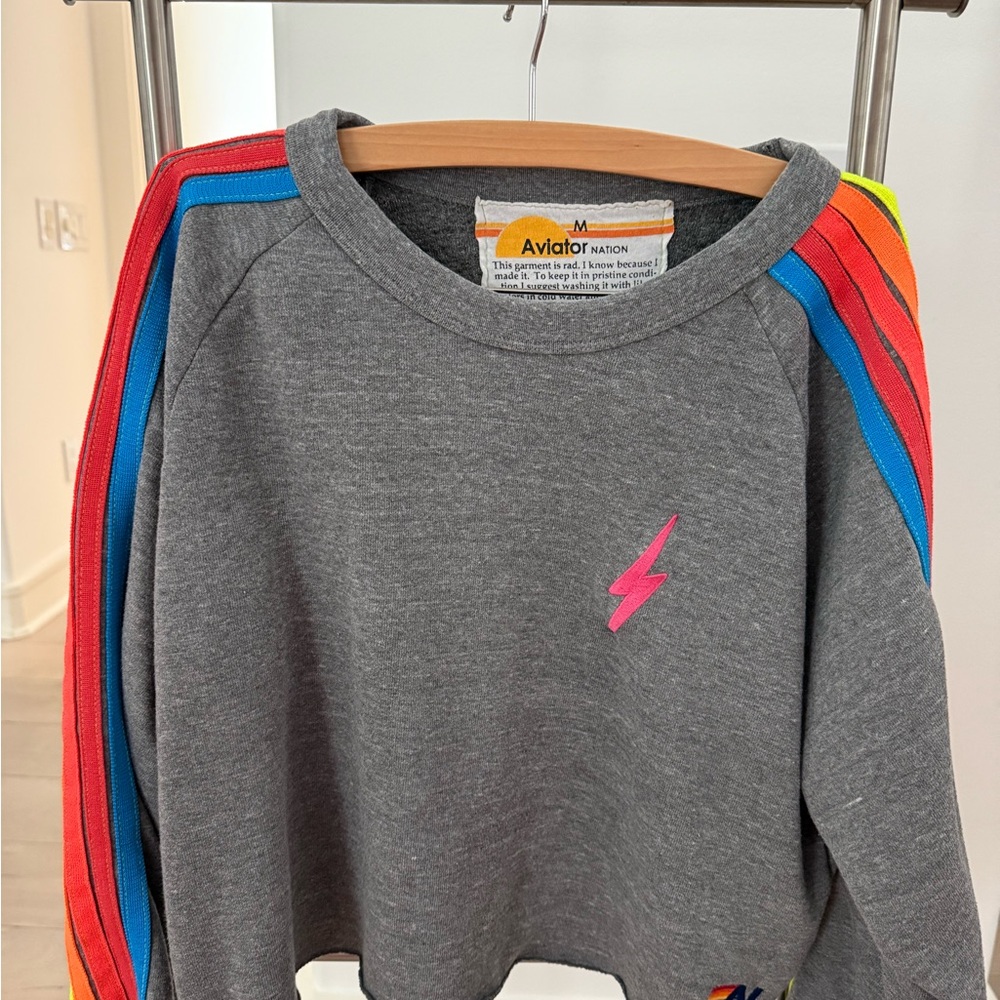Aviator Nation Cropped Crew Sweatshirt in gray size M